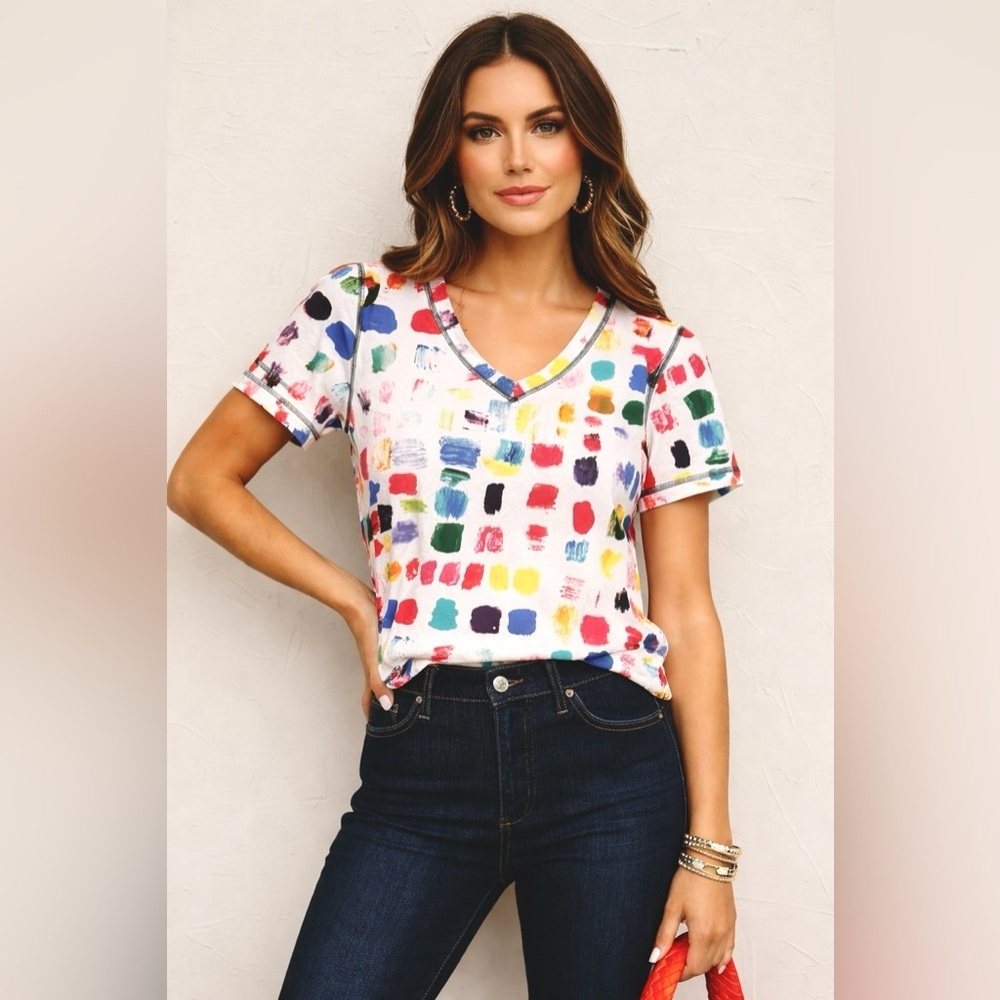 Ken Done Gallery Colorful Abstract Print V-Neck Top Exam Print Artwork 2017 M